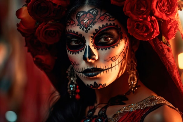 Retrato de una mujer joven como la Catrina con maquillaje pintado con arte brillante y adornos florales en la cabeza Celebración tradicional de la festividad mexicana preparada para el festival La Muerte generó AI