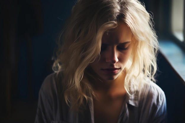 Foto retrato de una mujer joven deprimida y triste con fondo oscuro concepto de salud mental generado por la ia.