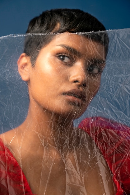 Foto retrato de mujer joven detrás de una envoltura de plástico
