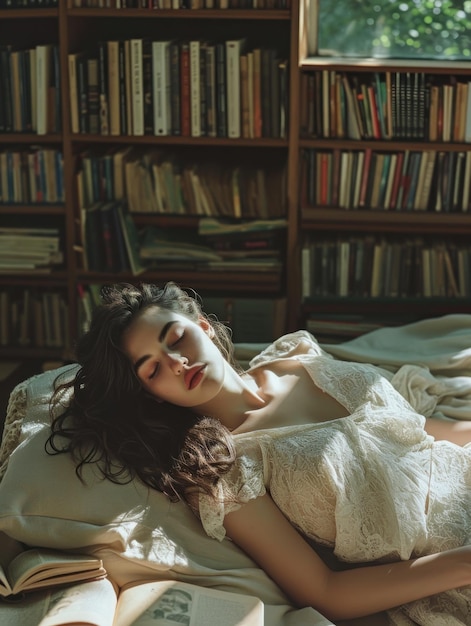 Retrato de una mujer joven durmiendo junto a una estantería