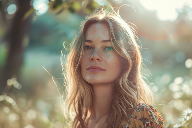 Retrato de una mujer joven en el estilo de la moda de los años 70