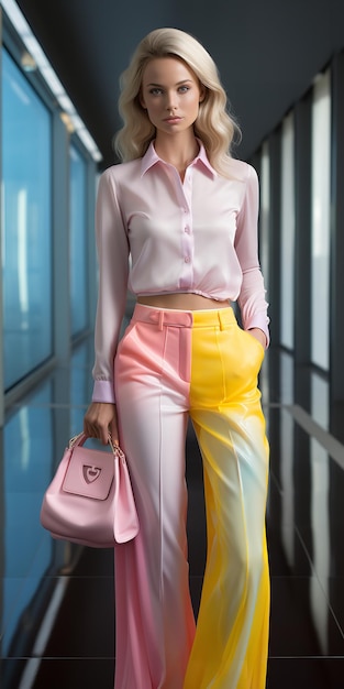 Retrato de una mujer joven en el estilo de rosa y azul llevando una bolsa transparente AI generativa