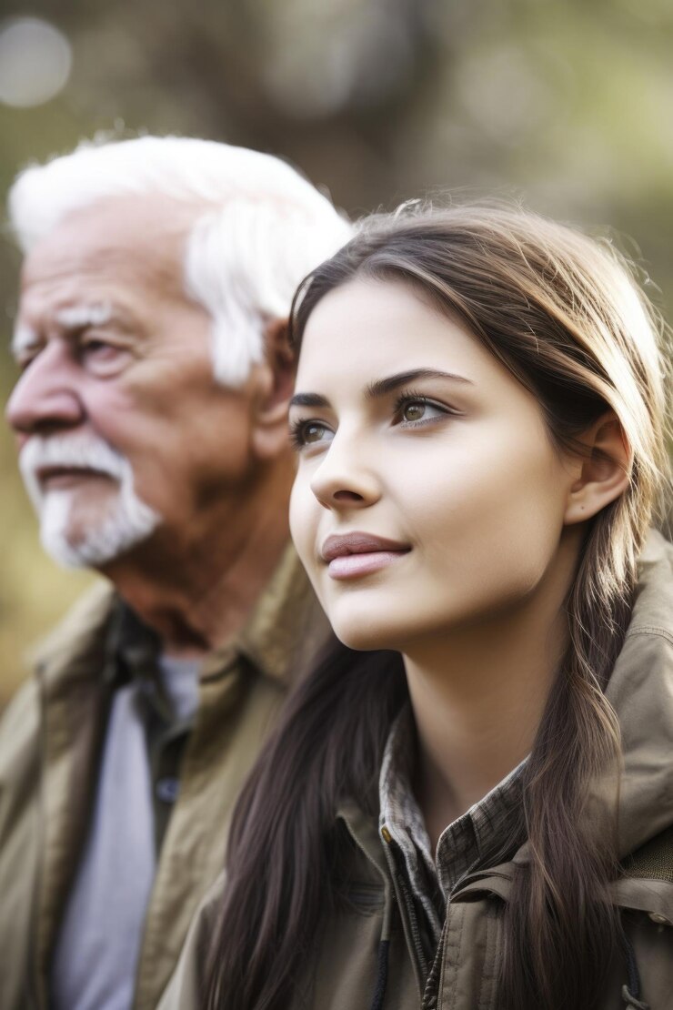 Retrato de una mujer joven de excursión con su padre creado con inteligencia artificial generativa