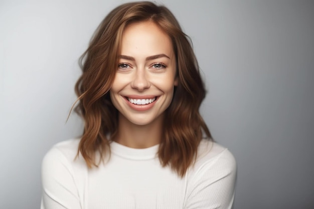 Retrato de mujer joven feliz mira a puerta cerrada