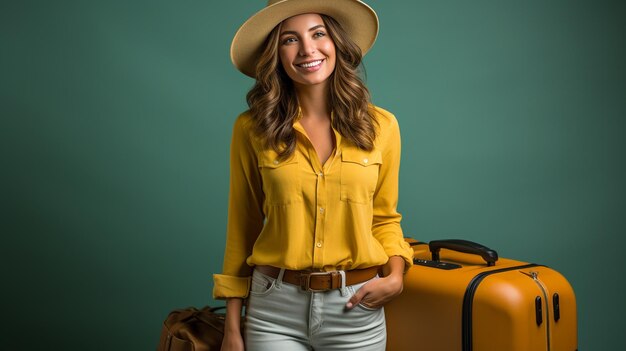 Foto retrato de mujer joven feliz en ropa elegante con equipaje generativo ai