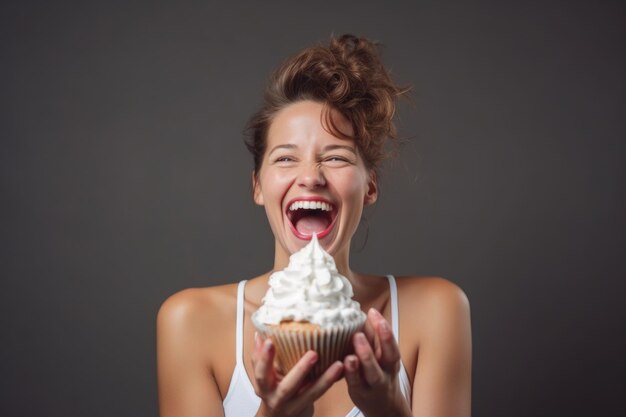 Retrato de una mujer joven feliz sosteniendo crema batida creada con ai generativo