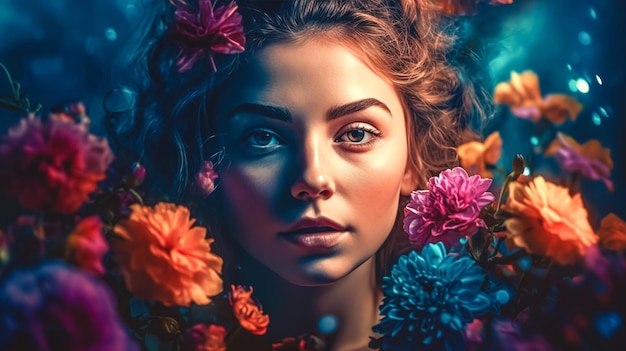 Retrato de una mujer joven en flores IA generativa