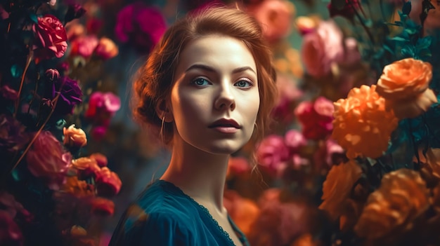 Retrato de una mujer joven en flores IA generativa