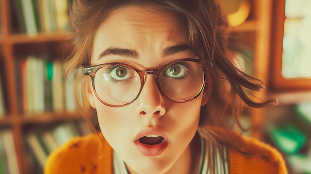 Retrato de una mujer joven con gafas mirando a la cámara