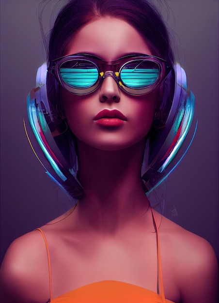 Retrato de una mujer joven con gafas de sol futuristas ilustración digital