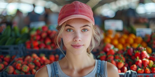 Foto retrato de una mujer joven con una gorra roja en un mercado