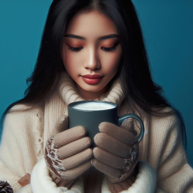 Retrato de una mujer joven con guantes y ropa de otoño de invierno mirando una taza de café caliente