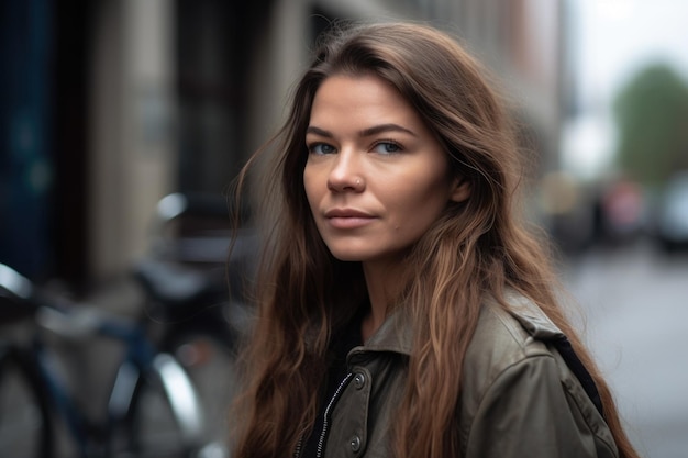 Retrato de una mujer joven haciendo un paseo en bicicleta en la ciudad creado con IA generativa