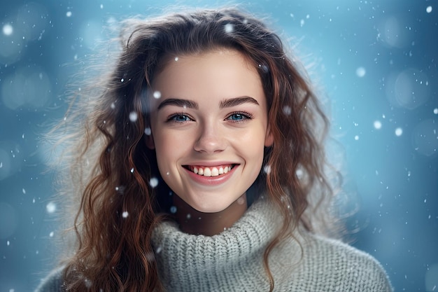 Foto retrato de mujer joven y hermosa durante el invierno imagen de fondo de navidad generada por ai