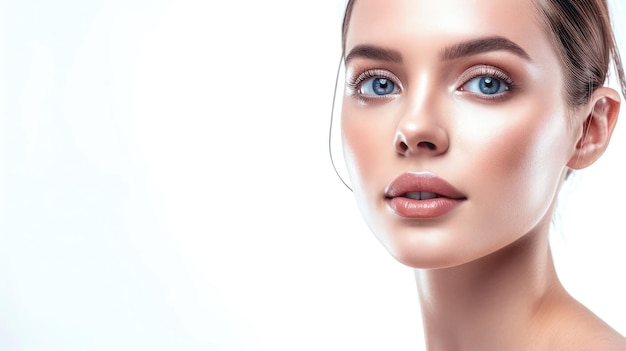 Retrato de mujer joven hermosa con piel suave perfecta aislada sobre fondo blanco Concepto de construcción facial de belleza natural cirugía plástica cosmetología cosméticos cuidado de la piel