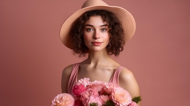 Retrato de mujer joven hermosa en vestido de verano y sombrero de paja con ramo de claveles sobre pin