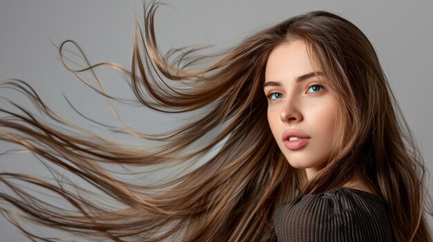 Retrato de una mujer joven con hermosos y largos cabellos marrones sanos Concepto de cuidado del cabello