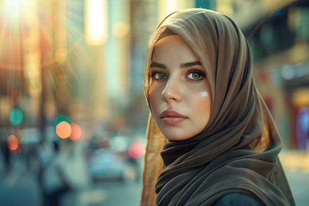 Retrato de una mujer joven en hijab con telón de fondo urbano