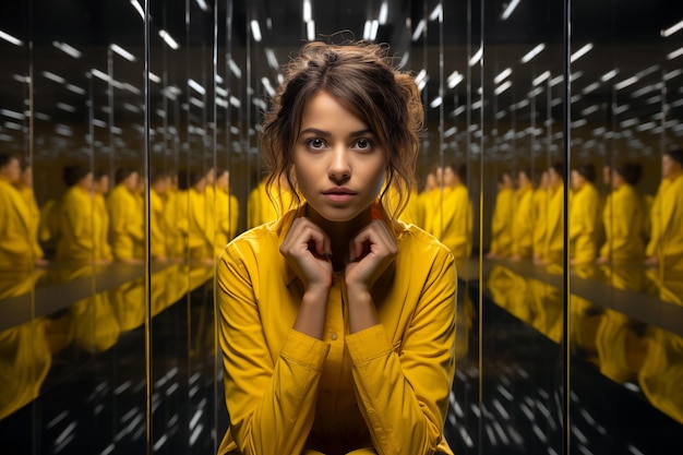 Foto retrato de una mujer joven con un impermeable amarillo mirando a la cámara en un ascensor con espejos