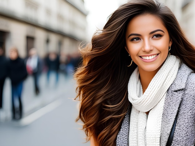 Retrato de mujer joven con largo y hermoso cabello castaño oscuro IA generativa