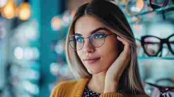 Foto retrato de una mujer joven con llamativos ojos azules que lleva gafas elegantes