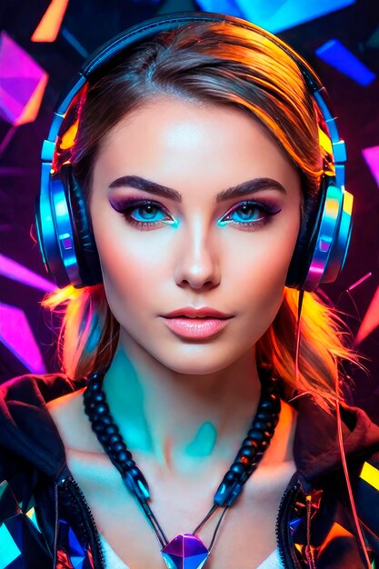 Retrato de una mujer joven con luces iridescentes de neón con auriculares escuchando música