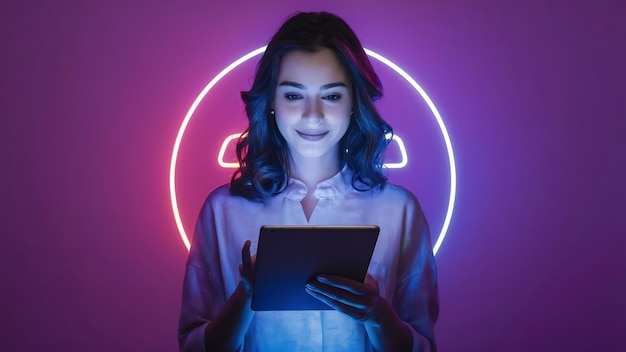 Foto retrato de una mujer joven con luz de neón en fondo gradiente sosteniendo una tableta