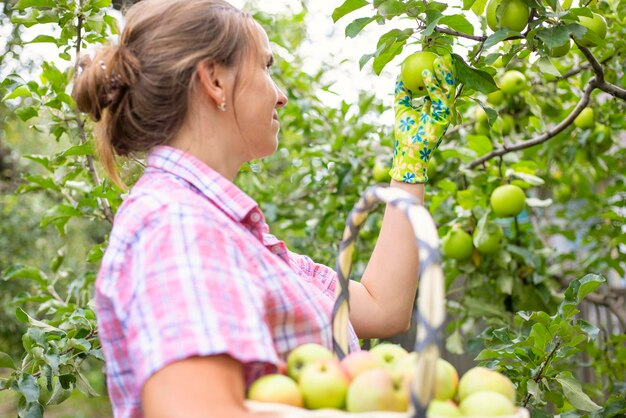 Foto retrato de una mujer joven con manzanas