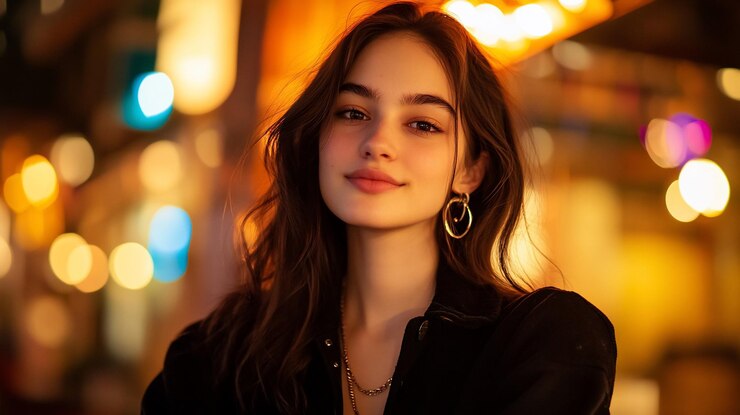 Retrato de una mujer joven en el mercado nocturno sonriendo moda foto de stock urbana
