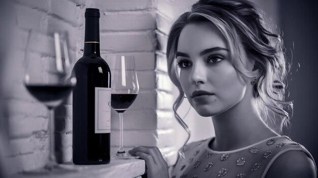 Foto retrato de una mujer joven mirando una botella de vino en la pared blanca