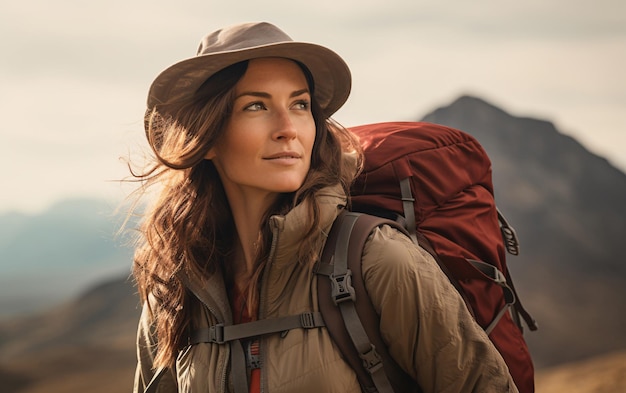 Retrato de una mujer joven con una mochila en un viaje de senderismo en las montañas una mujer fuerte es activa