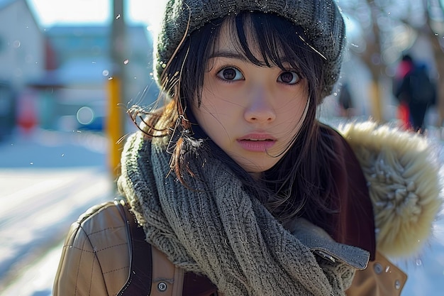 Retrato de una mujer joven con moda de invierno en un día soleado en la ciudad