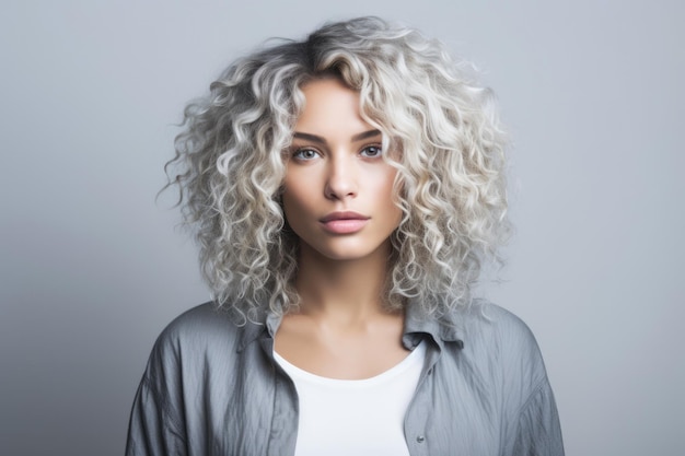 Retrato de una mujer joven multicultural con cabello blanco rizado en una toma de estudio