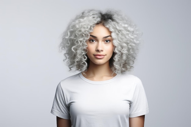 Retrato de una mujer joven multicultural con cabello blanco rizado en una toma de estudio