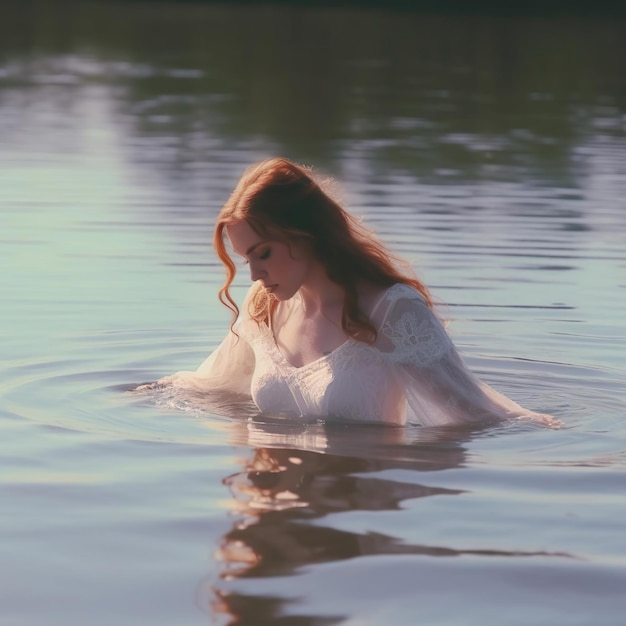 Retrato de una mujer joven nadando en un lago