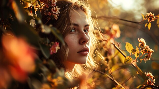 Retrato de una mujer joven en una noche de verano en un jardín de flores con ropa ligera IA generativa