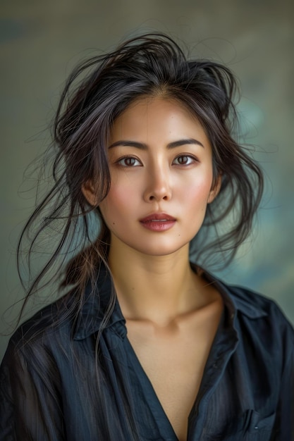 Retrato de una mujer joven con ojos hipnotizantes y cabello azotado por el viento contra un fondo suave