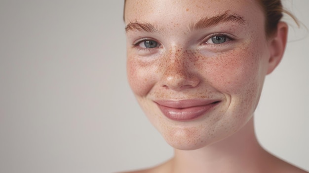 Retrato de una mujer joven con pecas sonriendo cálidamente contra un fondo blanco