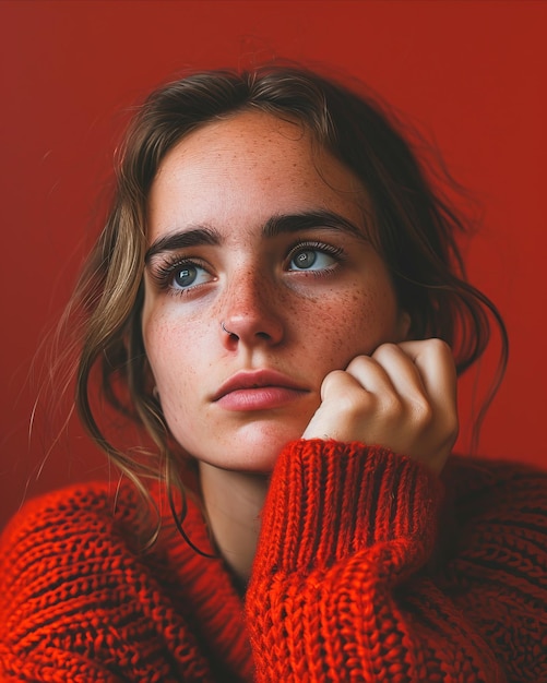 Retrato de una mujer joven con pecas y suéter rojo sobre un fondo rojo