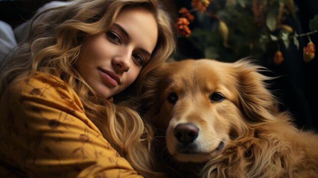 Foto retrato de una mujer joven con un perro golden retriever