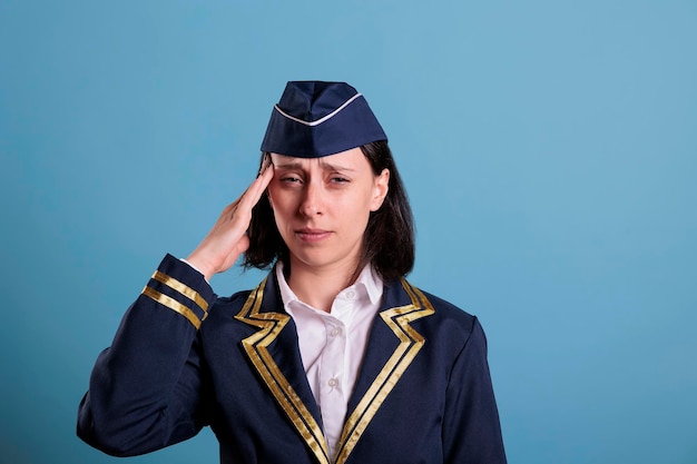 Retrato de una mujer joven de pie contra un fondo azul