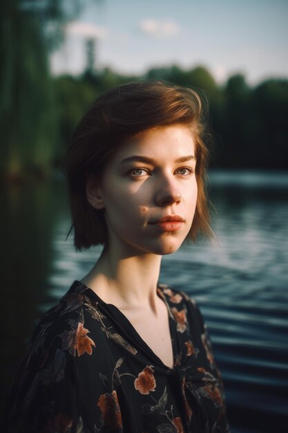 Retrato de una mujer joven de pie junto al agua creado con ai generativo