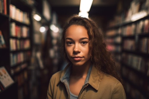 Retrato de una mujer joven de pie en una librería creada con IA generativa