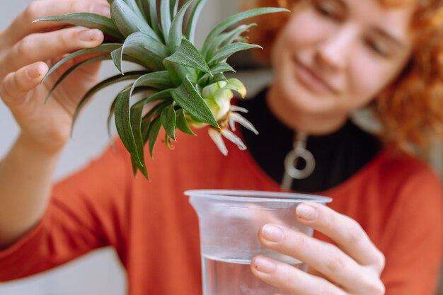 Foto retrato de una mujer joven con plántulas de piña decorativas