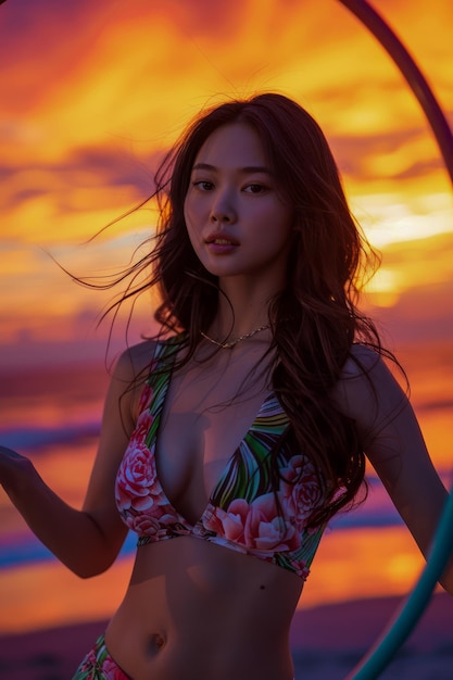 Retrato de una mujer joven en la playa al atardecer con un cielo vibrante y una moda de bikini tropical