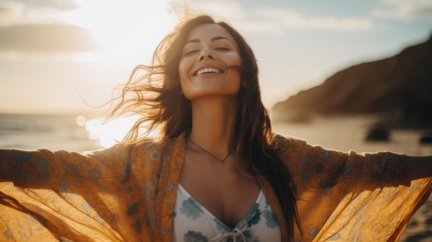 Retrato de una mujer joven en la playa con los brazos abiertos disfrutando del tiempo libre y la libertad al aire libre