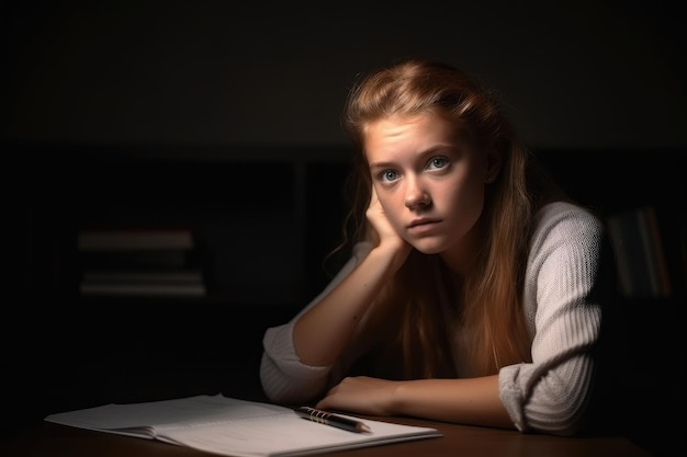 Retrato de una mujer joven en preparación para el examen