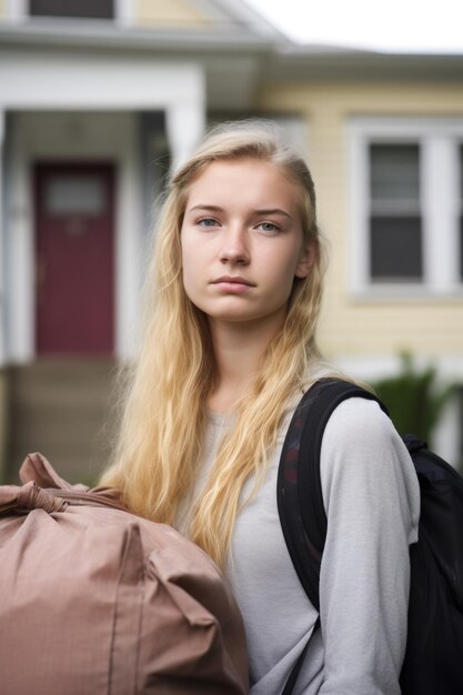 Retrato de una mujer joven que lleva sus maletas mientras se muda a casa creado con ai generativo