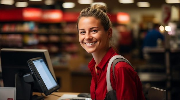 Foto retrato de una mujer joven que trabaja como cajera en un supermercado