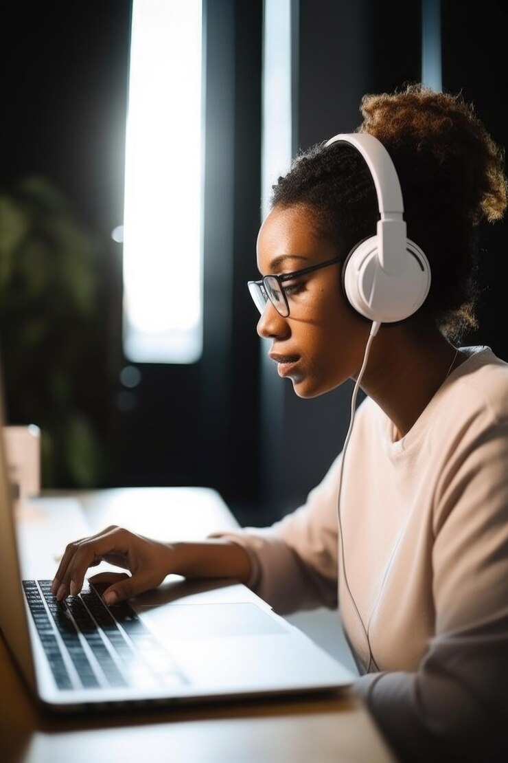 Retrato de una mujer joven que usa audífonos y usa su computadora portátil en el trabajo creado con IA generativa